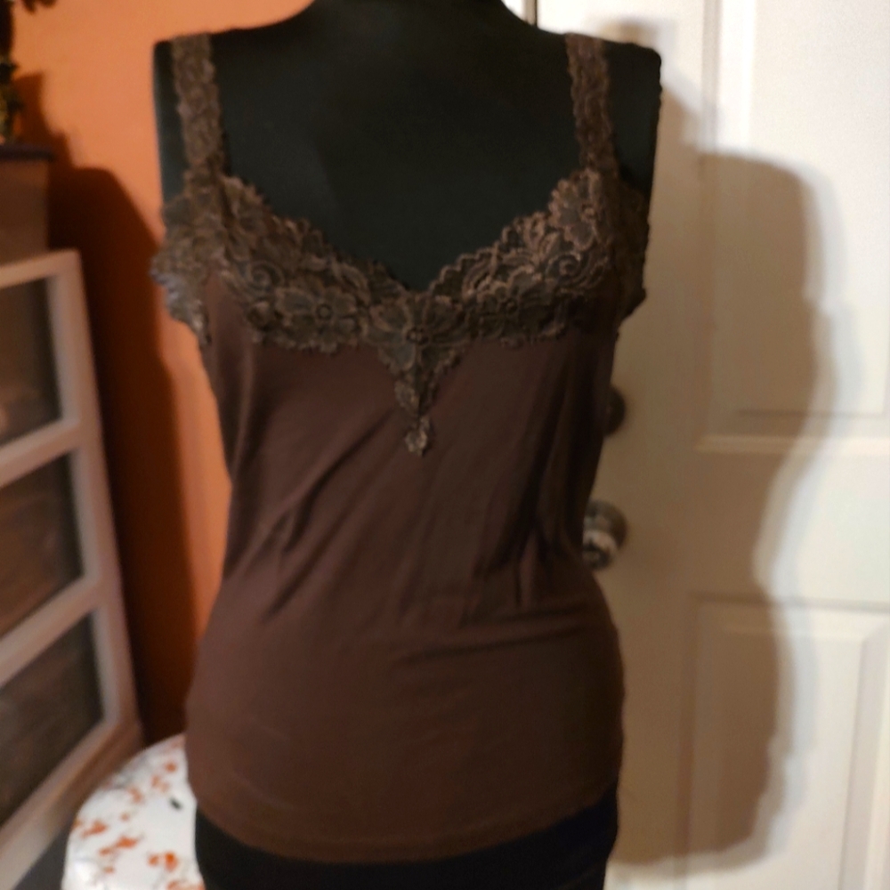 🔸🤎🔸Feminine Vintage Chocolate Brown Floral Lace Camisole Tank Top Blouse - M - Picture 3 of 16